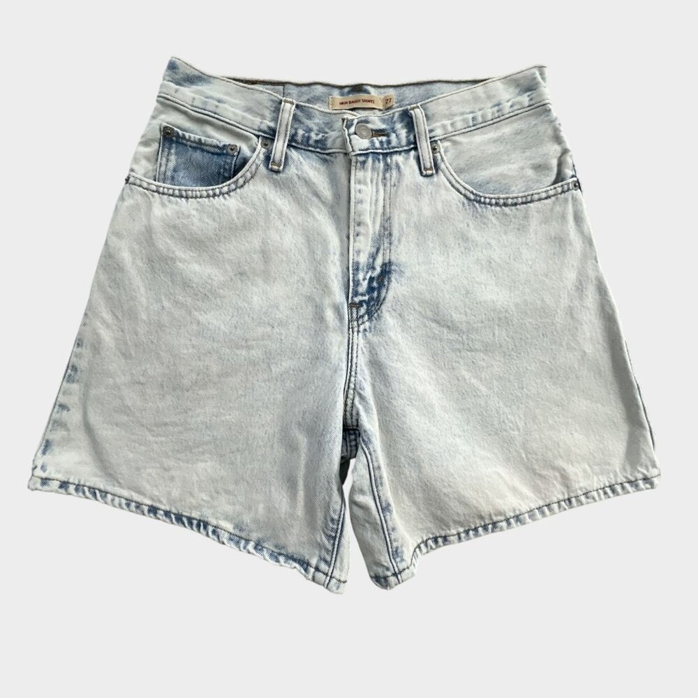 Levis Premium High Baggy Jean Shorts Womens 27 Blue Light Wash Distressed Denim